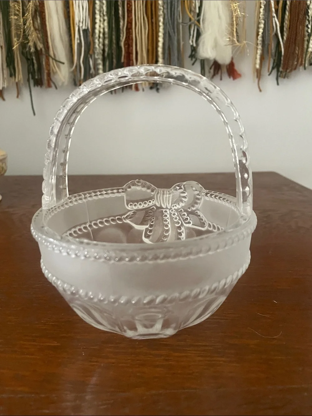 Frosted Glass Bow Basket with Handle studio crystal  bowl - heavy